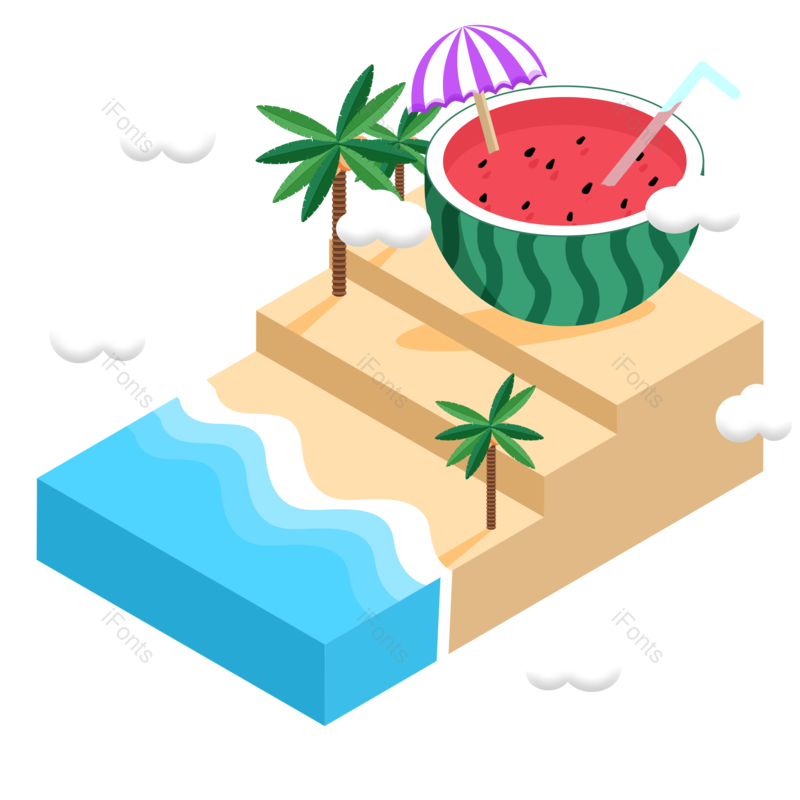 西瓜图片,夏至元素,夏天PNG,椰子树免抠素材